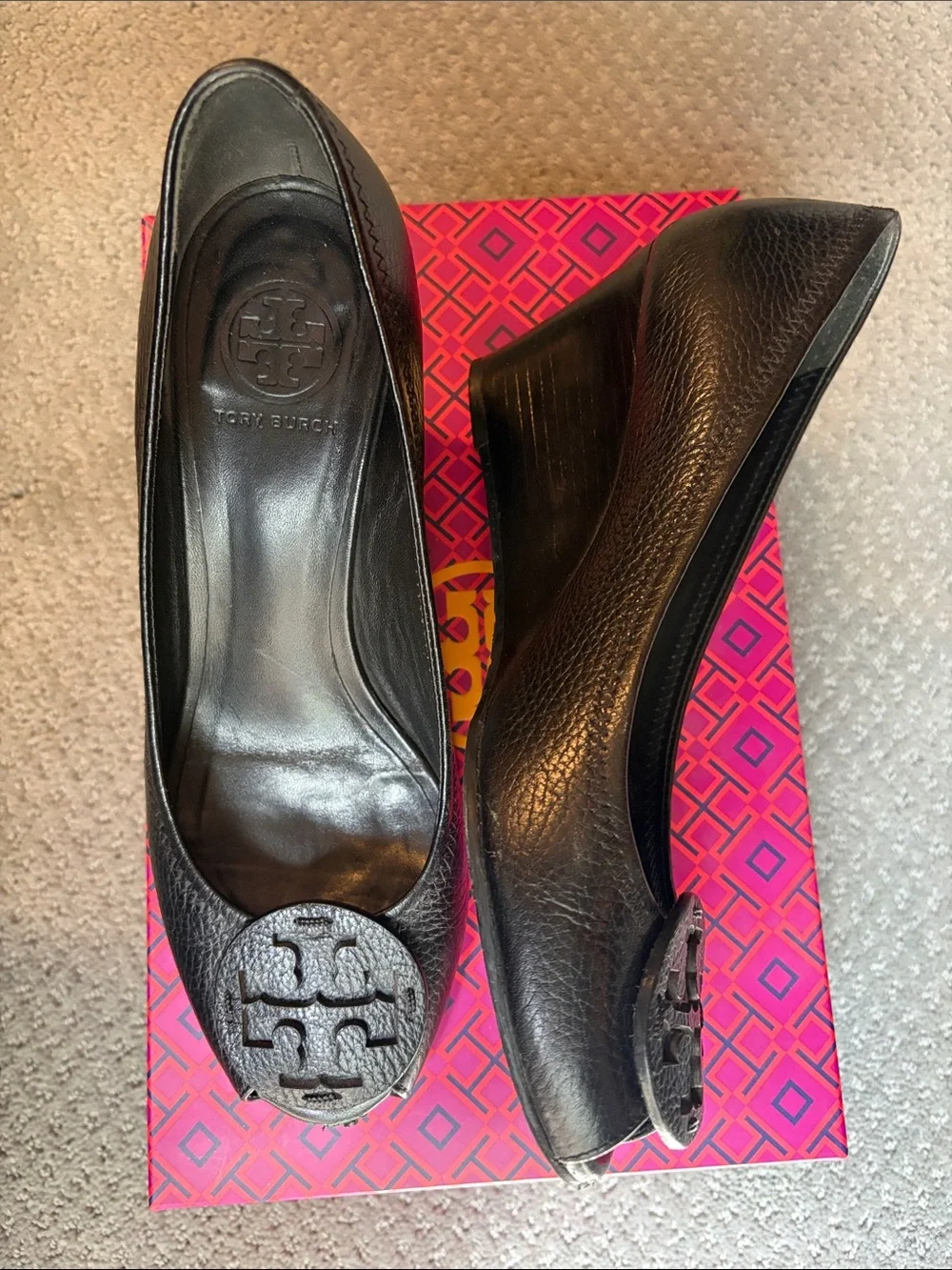 Tory Burch Women's Sally 2 Black Tumbled  Leather Peep Toe Wedges